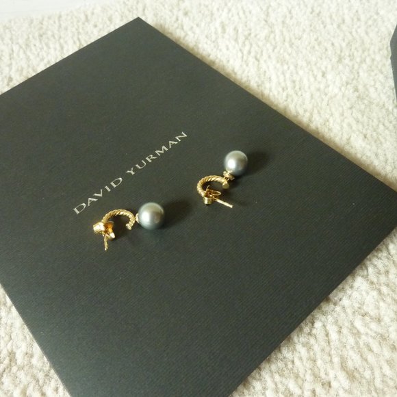 DAVID YURMAN 18K Gold 'Solari' Grey Pearl & Diamond Hoop Drop Earrings (NEW) - Picture 9 of 12